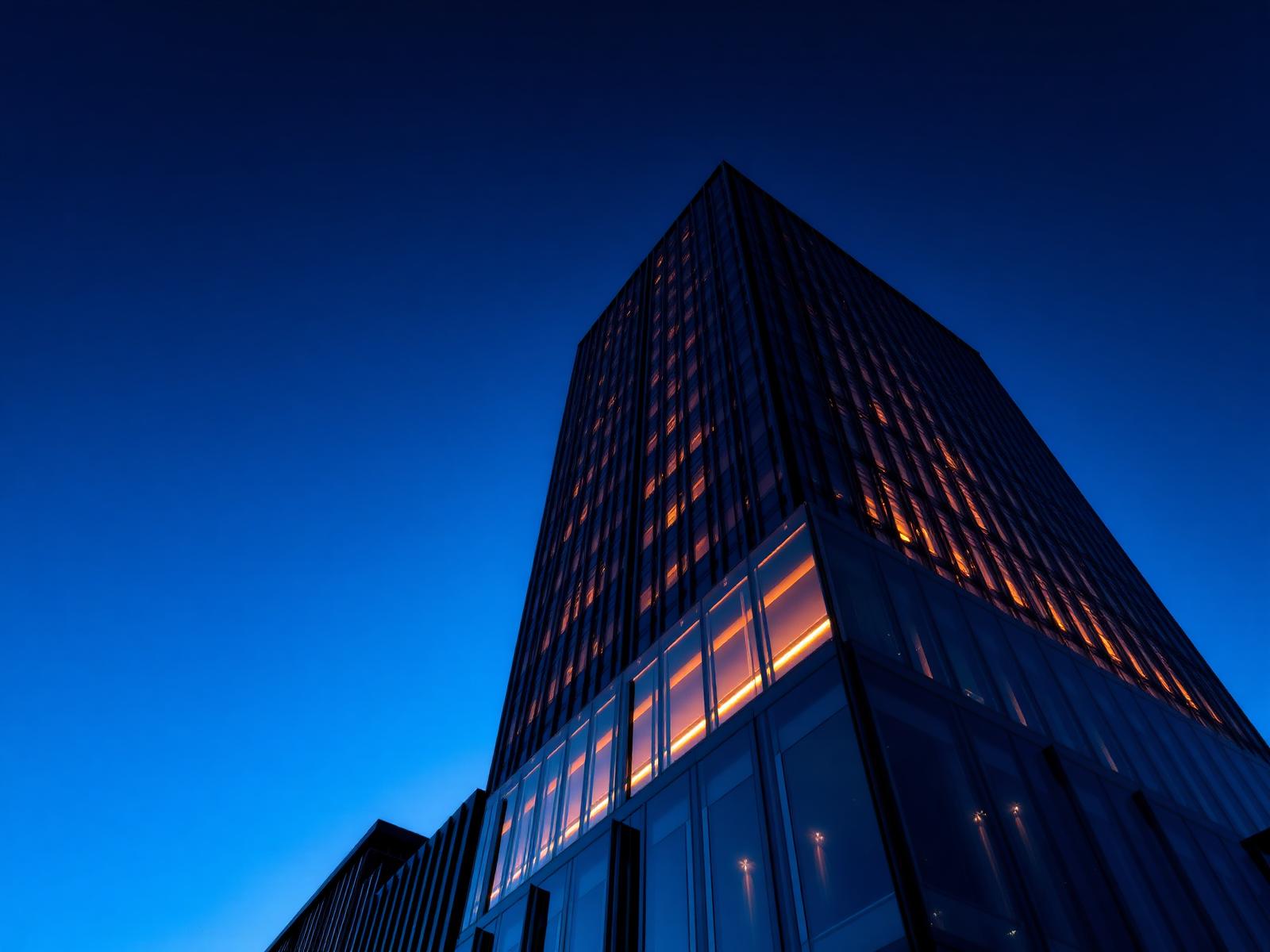 Modern commercial tower at dusk